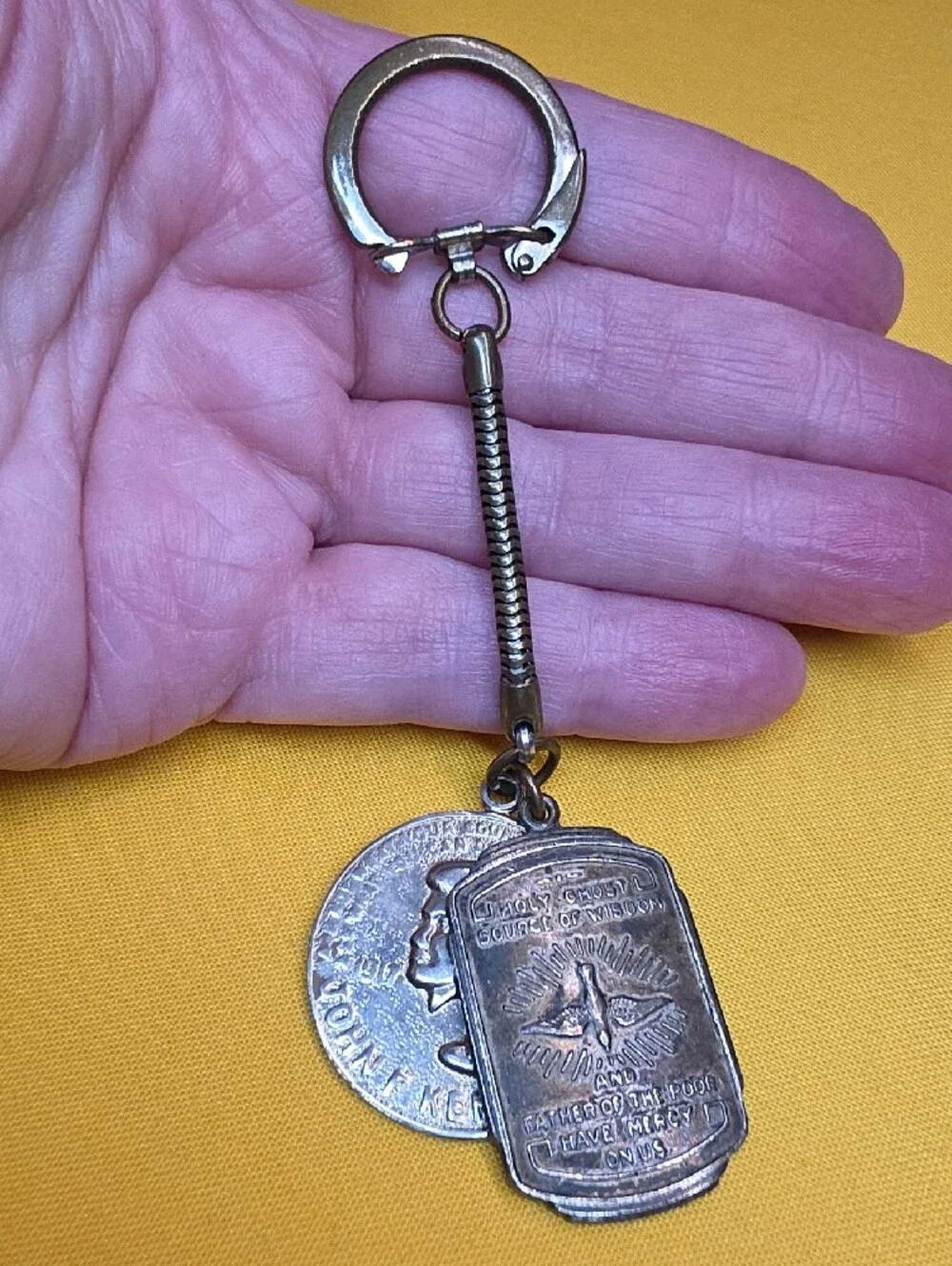 Vintage JFK Memorial & St Therese Shrine Medal Snake Chain Keychain 1960s
